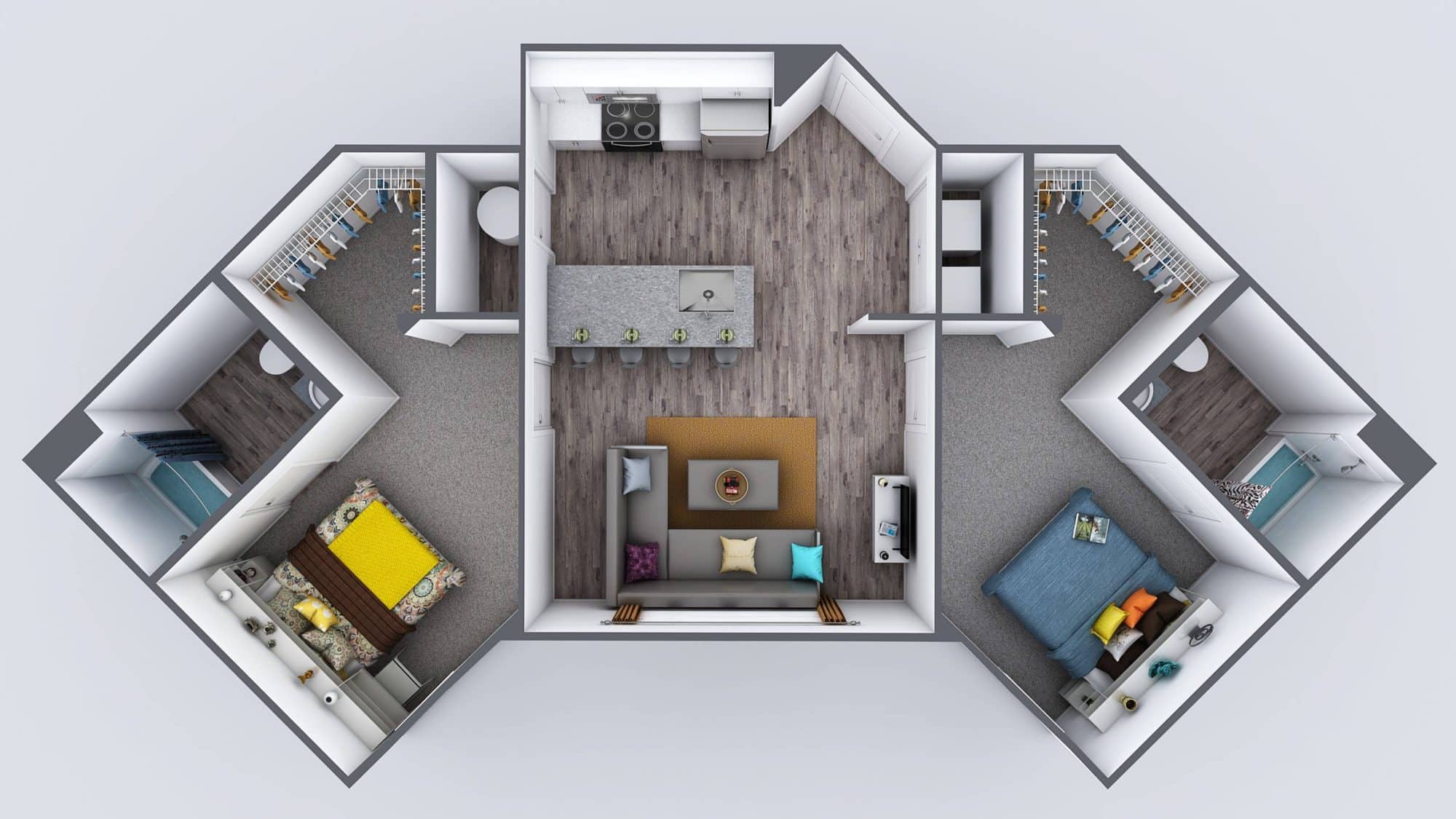A 3D image of the 2BR/2BA – Deluxe floorplan, a 789 squarefoot, 2 bed / 2 bath unit