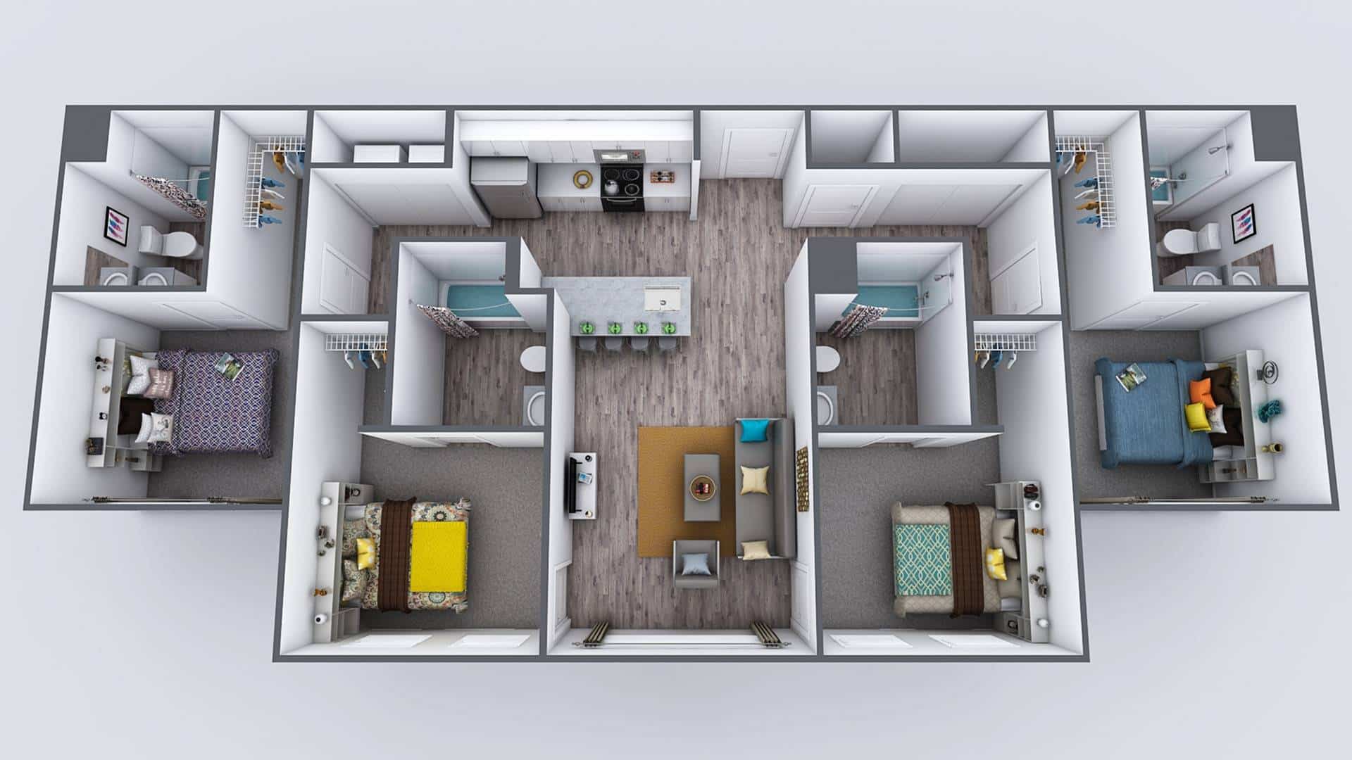 A 3D image of the 4BR/4BA – Standard floorplan, a 1330 squarefoot, 4 bed / 4 bath unit