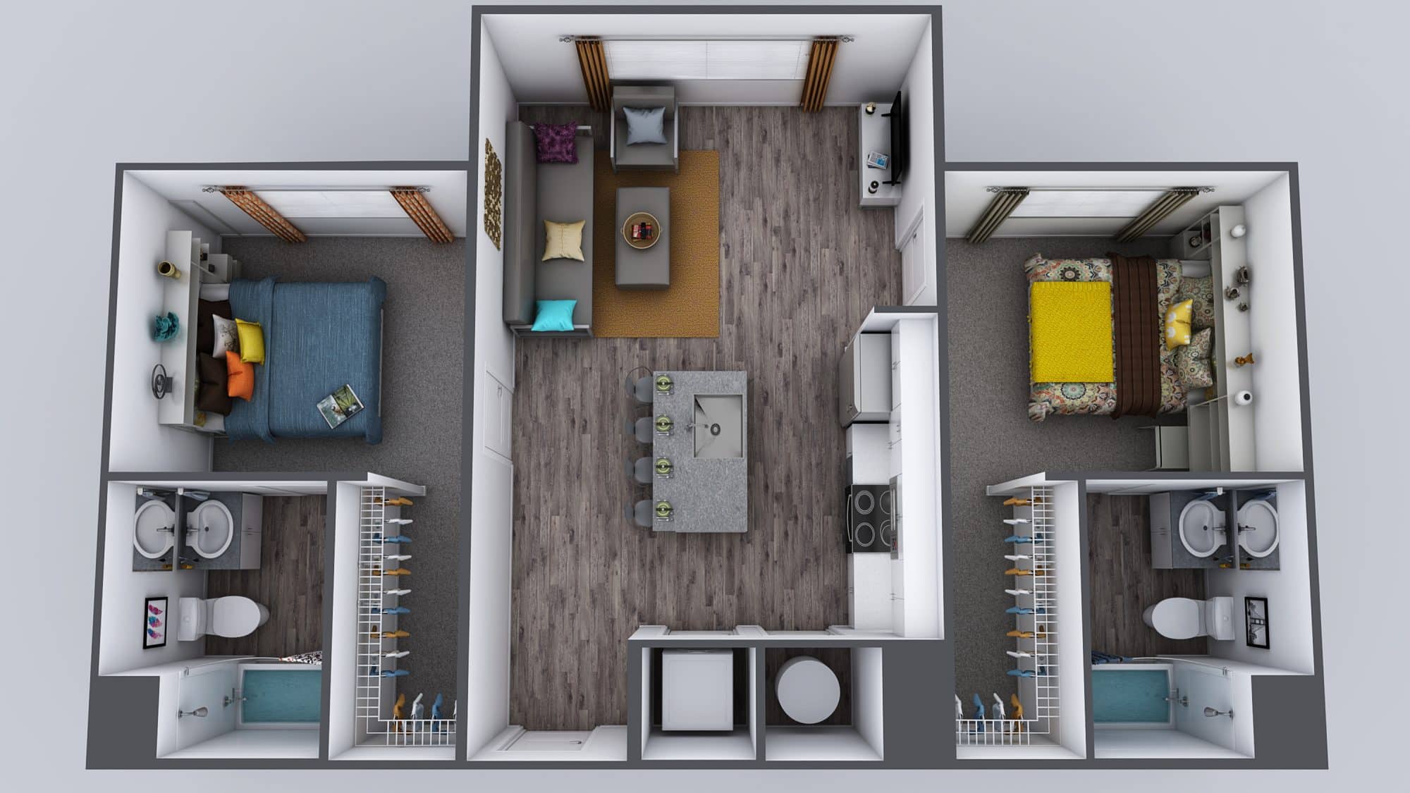 A 3D image of the 2BR/2BA – Deluxe floorplan, a 789 squarefoot, 2 bed / 2 bath unit