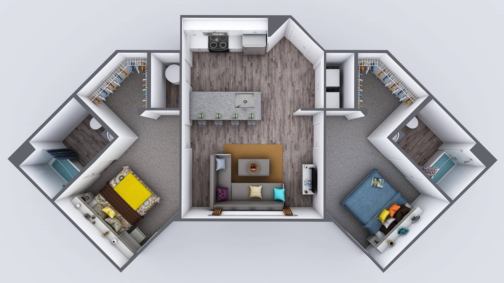 A 3D image of the 2BR/2BA – Standard floorplan, a 838 squarefoot, 2 bed / 2 bath unit